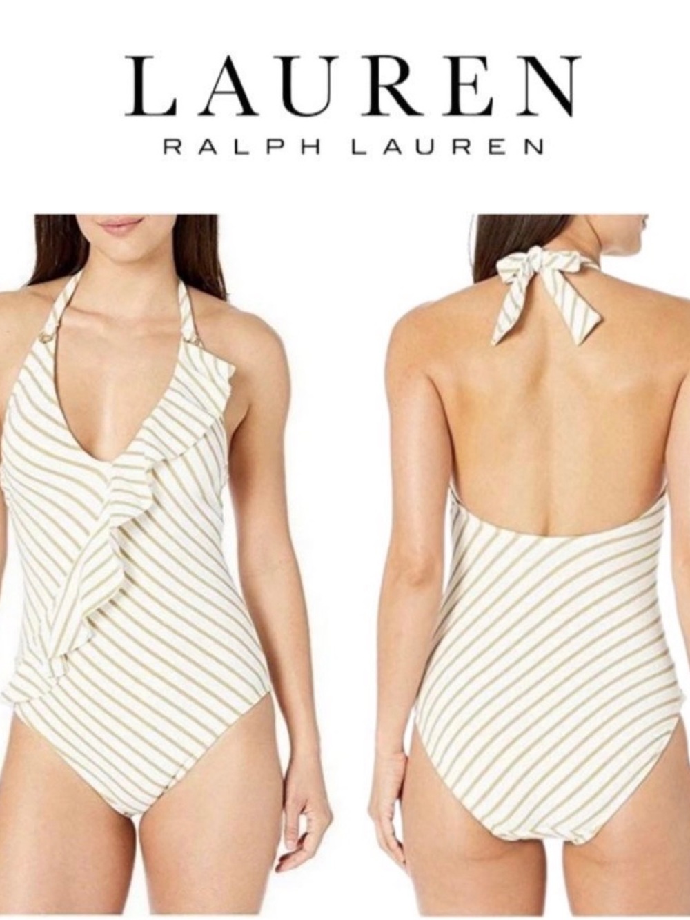 Lauren Ralph Lauren Cream and Gold Striped Ruffle Halter One-Piece